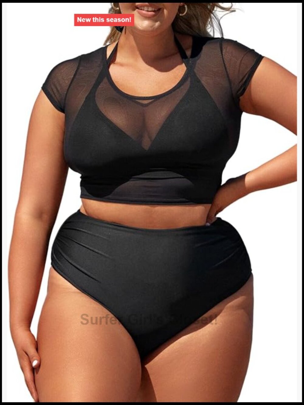 Plus Size Bikini Set Three Piece High Waisted Sheer Mesh Top Ruched Bottom